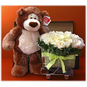 R91 熊仔公仔加花 - Gund Alfie 泰迪熊 白玫手推車花